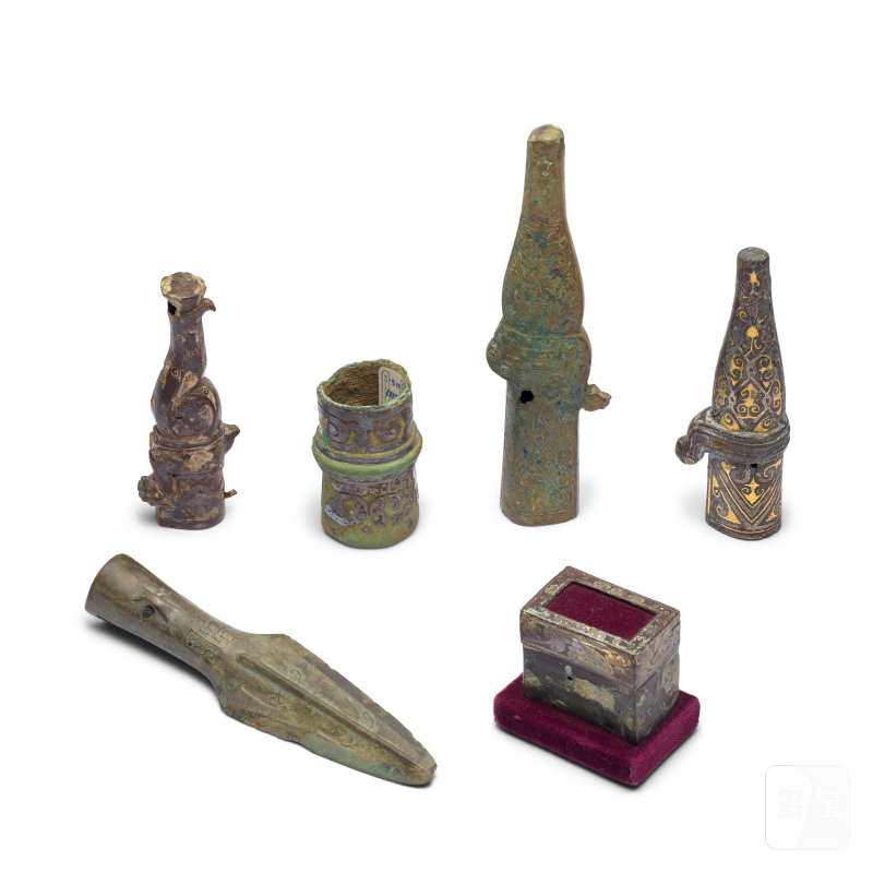 戰國/漢 錯金銀銅兵馬具六件 | SIX INLAID BRONZE FINIALS - 图1